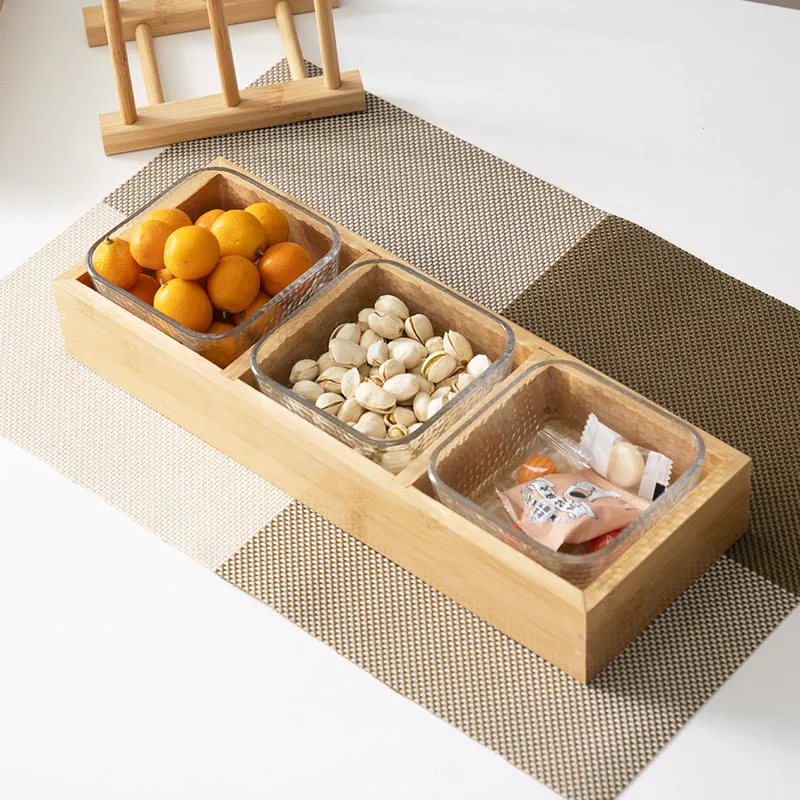 Divided Bamboo Wood Snack Tray with Transparent Glass Fruit Platter Tray