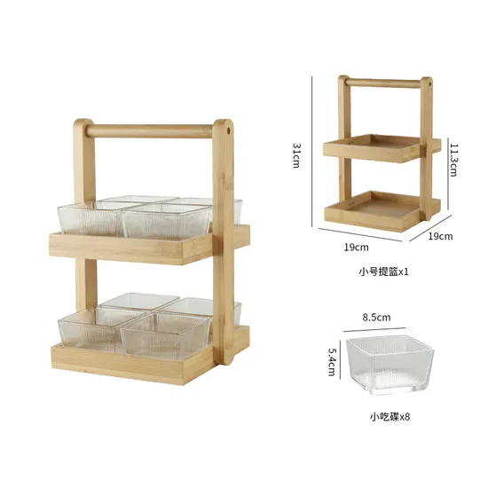 2-Layer Bamboo Food Storage Basket with Handle and 12 PCS Glass Bowls for Restaurant