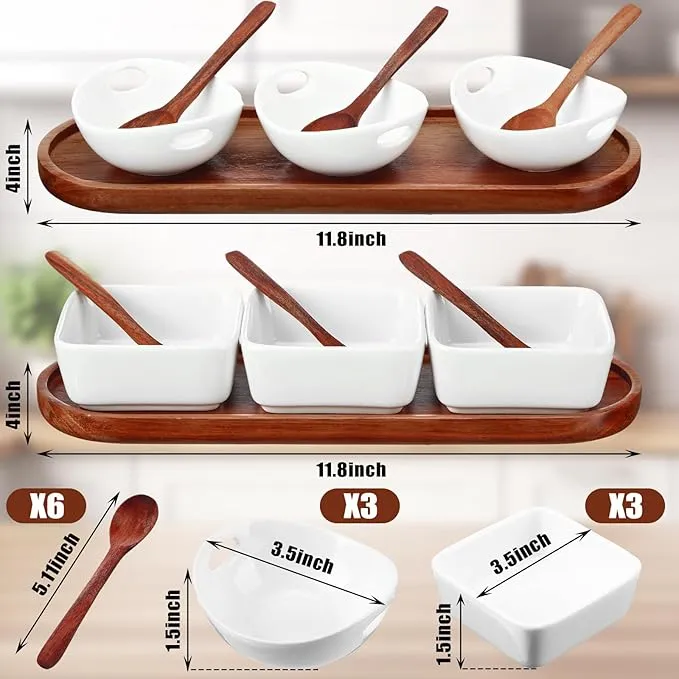 Acacia Wood Tray with 3 Ceramic Dipping Bowls and Square Sauce Dishes