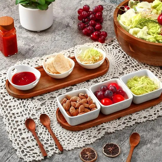 Acacia Wood Tray with 3 Ceramic Dipping Bowls and Square Sauce Dishes