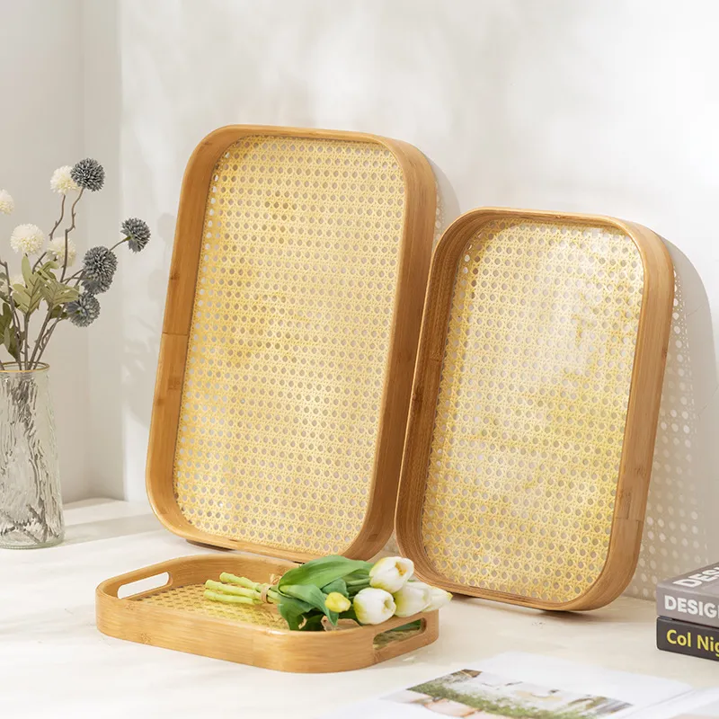 Bamboo and Rattan Weave Serving Breakfast Fruit Dessert Dinner Tray with Handles