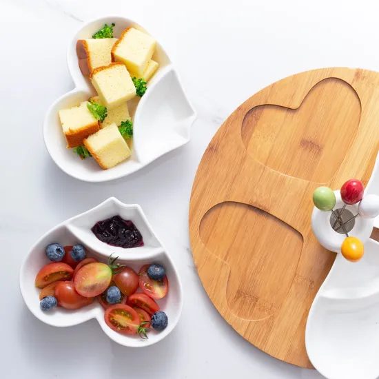 Heart-Shaped Ceramic Serving Bowls and Plates with Rotating Bamboo Serving Platter