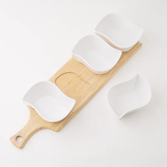 Bamboo Wood Tray Fruits Condiments Appetizer Tray and Desserts Serving Tray with 3 White Ceramic Bowls
