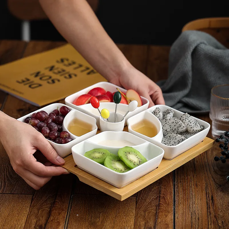 Multi-Grid Ceramic Fruit Platter with Bamboo Wooden Tray for Home Tableware