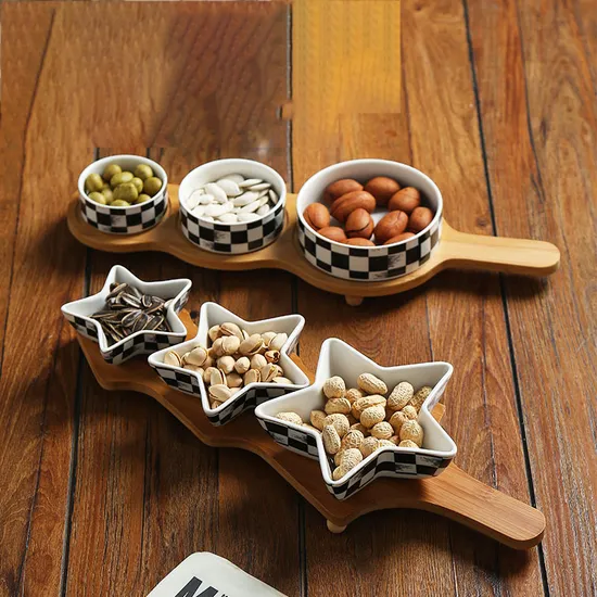 Stylish Divided Ceramic Appetizer Dishes with Bamboo Serving Tray for Party
