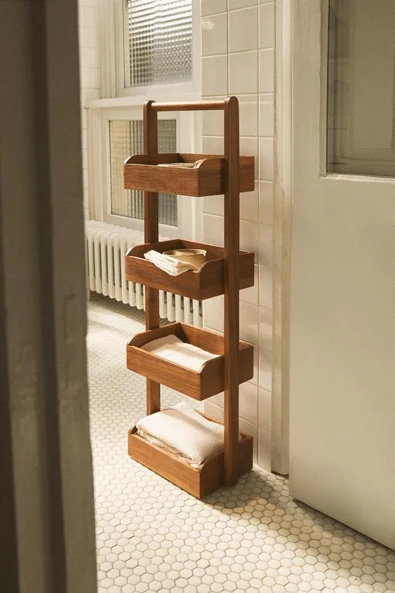 Versatile 4-Tier Floor Standing Acacia Wood Storage Rack for Bathroom and Living Room