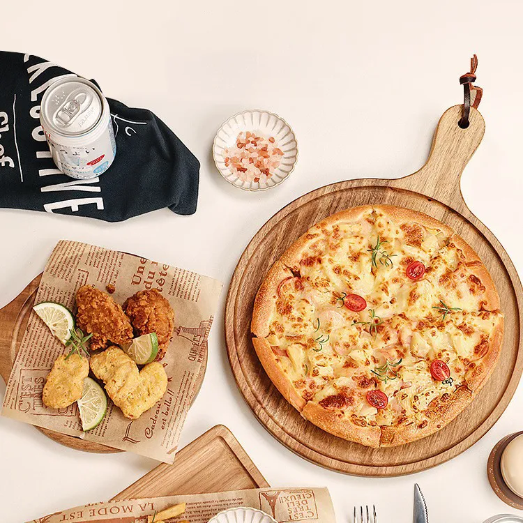 Round Wood Pizza Serving Tray Set of 3 with Handle