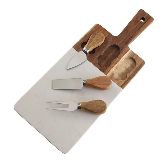 Marble and Acacia Wooden Serving Board with Cheese Knives Set and Handle