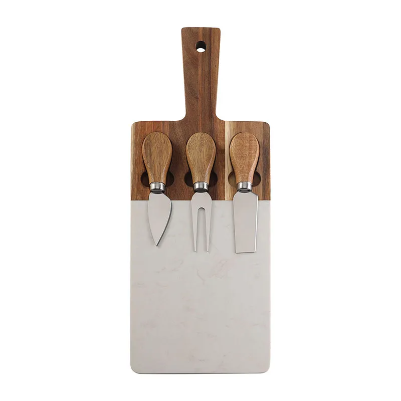Marble and Acacia Wooden Serving Board with Cheese Knives Set and Handle