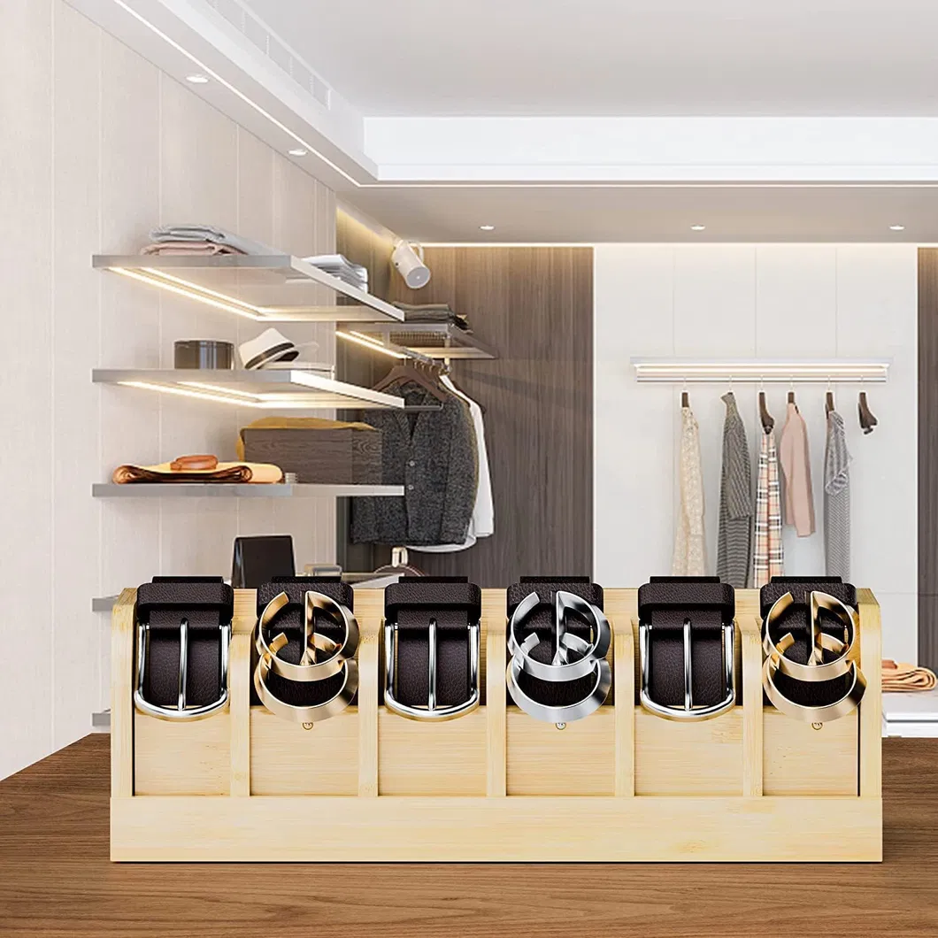 6-Grid Natural Bamboo Belt Organizer Box for Closet and Drawer