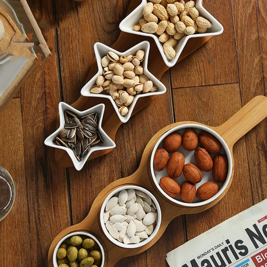 Bamboo Divided Serving Tray with Removable Ceramic Bowls for Dipping Sauces
