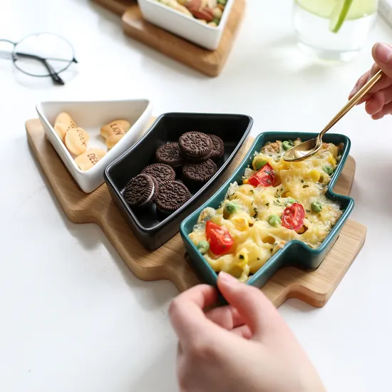 Christmas Tree - Shaped Bamboo Tree Tray with 3 White Removable Ceramic Snack Appetizer Plates