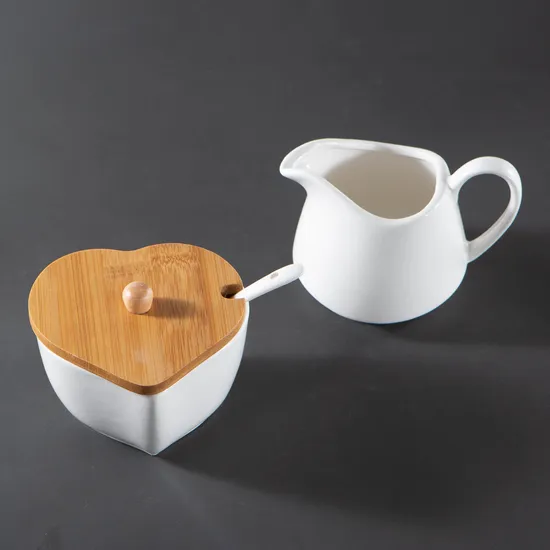 3 - Piece White Ceramic Sugar and Creamer Coffee Serving Set with Lid and Bamboo Serving Tray