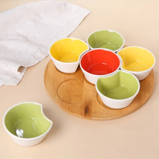 10 Inch Rotatable Bamboo Divided Serving Tray with 5 Removable Ceramic Bowls