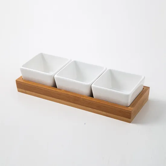 3 Divided Rectangle Bamboo Serving Tray with Ceramic Dishes for Snack /Sauce