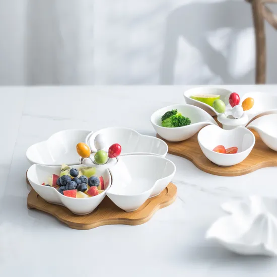 5-Grid Ceramic Salad Bowl & Sauce Dish with Bamboo Serving Tray for Afternoon Tea, Fruits, Desserts & Nuts