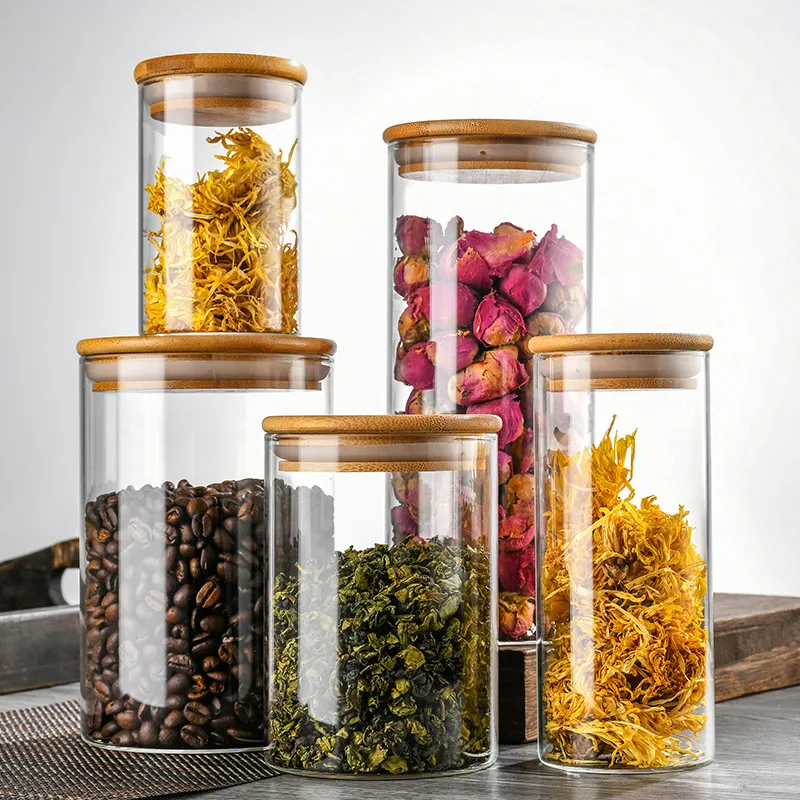 Kitchen Canisters Glass Food Storage Jars with Bamboo Wooden Lids for Sugar Candy Containers Set