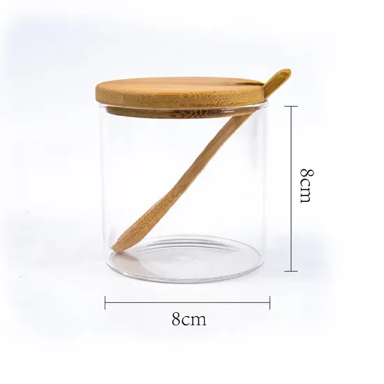 Clear Glass Spice Jars Set of 3 with Bamboo Lids and Spoons and Divided Bamboo Stand