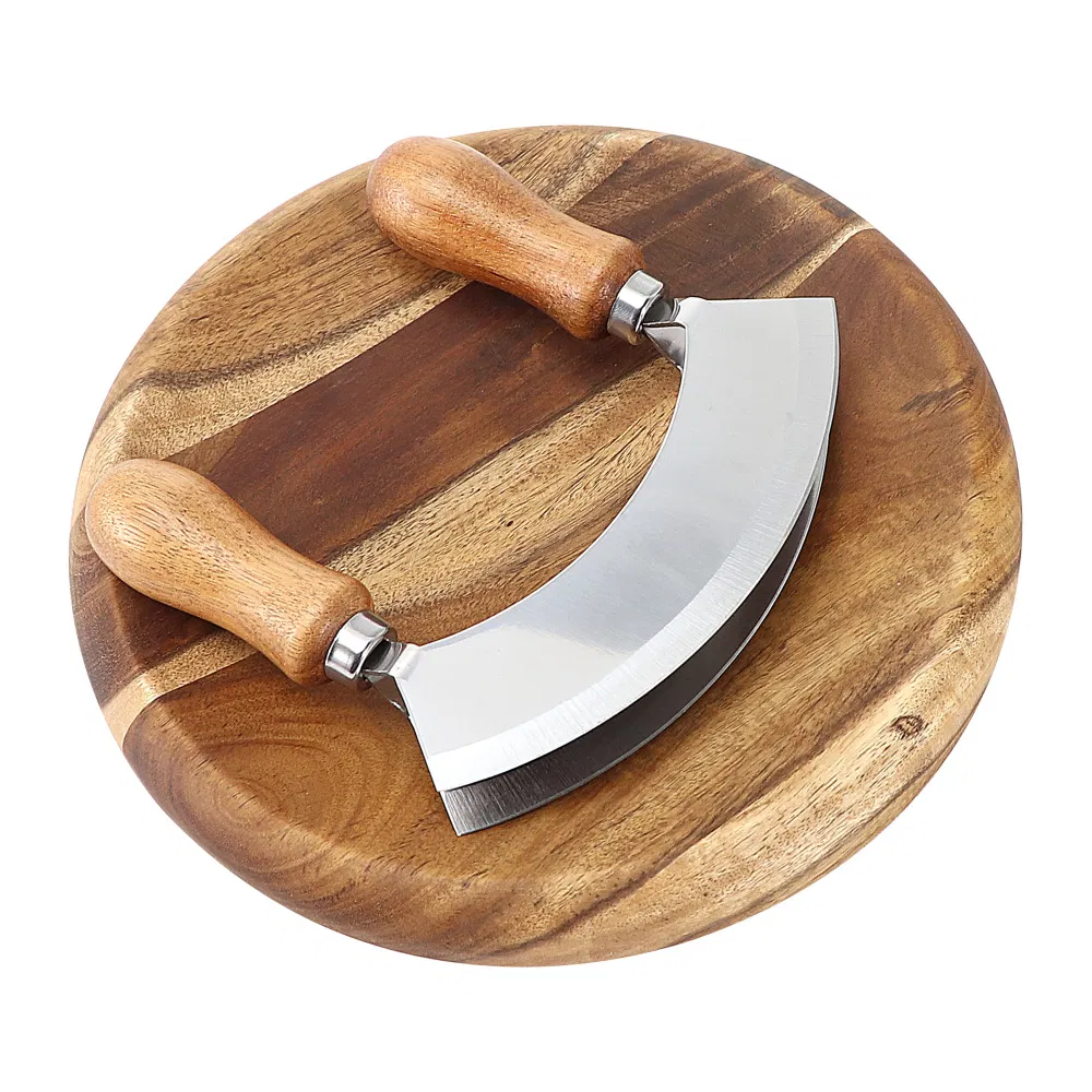 Round Wooden Cutting Board with Double-Blade Stainless Steel Mezzaluna Herb Chopper