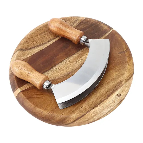Round Wooden Cutting Board with Double-Blade Stainless Steel Mezzaluna Herb Chopper