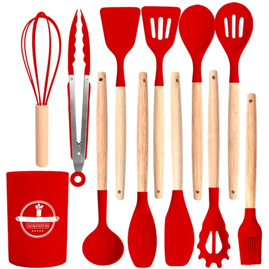 All-Purpose 12 PCS Silicone Kitchen Utensils Set Cooking Tools Kitchen Gadgets with Wooden Handle and Storage Holder