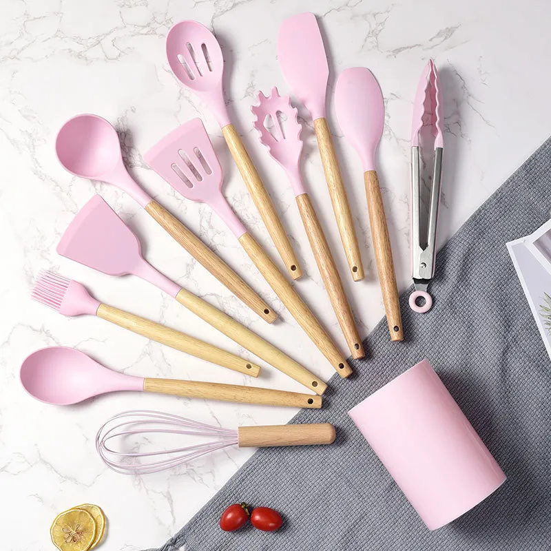 Wholesale Custom Silicone Kitchen Utensils with Wooden Handle for Cooking