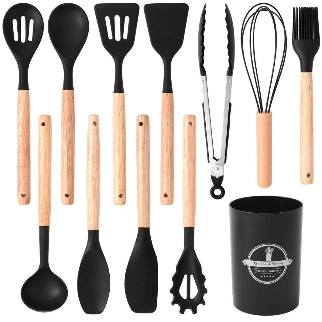 12- PCS Set Silicone Kitchen Accessories Cooking Tools Kitchen Utensils with Wooden Handles