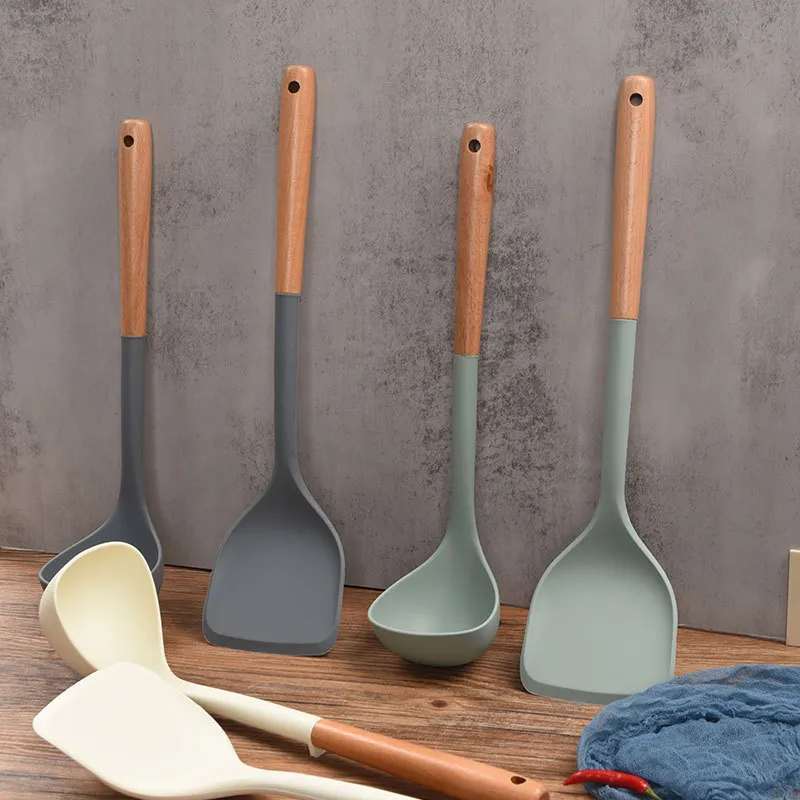 Hanging Non-Stick Silicone Spatula and Soup Ladle with Wooden Handle for Kitchen Cooking
