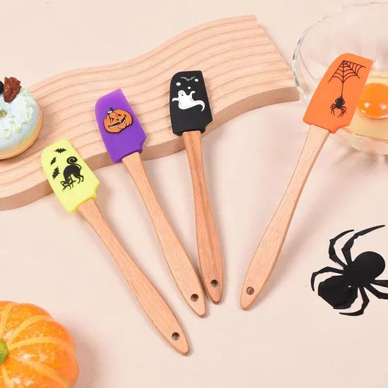 Wholesale Halloween Style Printed Silicone Cake and Cream Baking Spatula with Wooden Handle