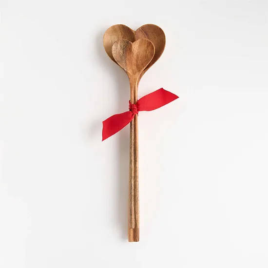 Heart Shape Acacia Wood Serving Spoon Set of 2 with Round Handle