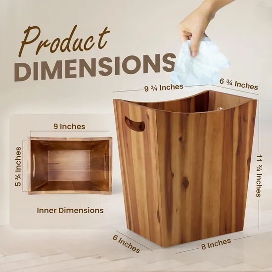 Small Acacia Wood Waste Basket Trash Can with Handles for Bathroom