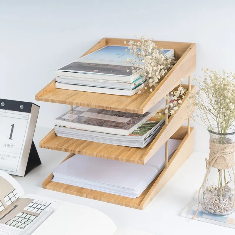 3 Tier Bamboo Desk Organizer Letter Tray Paper Organizer Desk File Organizer for Home Office