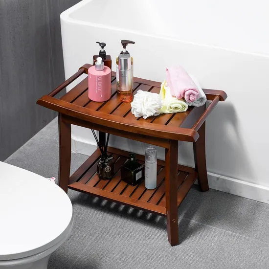 Carbonized Color Non-Slip and Waterproof Bamboo Bathroom Stool Shower Stool with Towel Hange