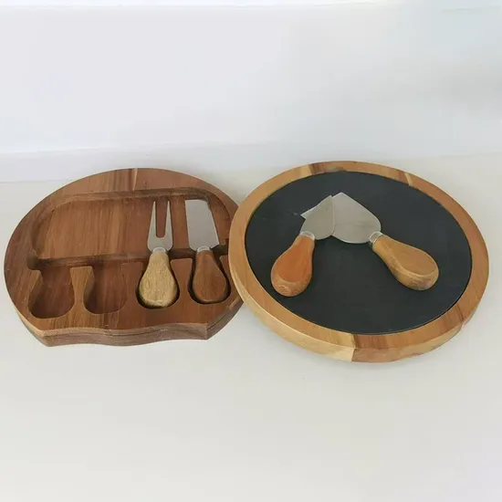 Round Compact Swivel Acacia Wood Charcuterie Boards Slate Cheese Board with Knife Set