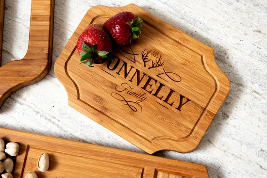 Organic Personalized Bamboo Serving Tray Charcuterie Board with Wine Glass