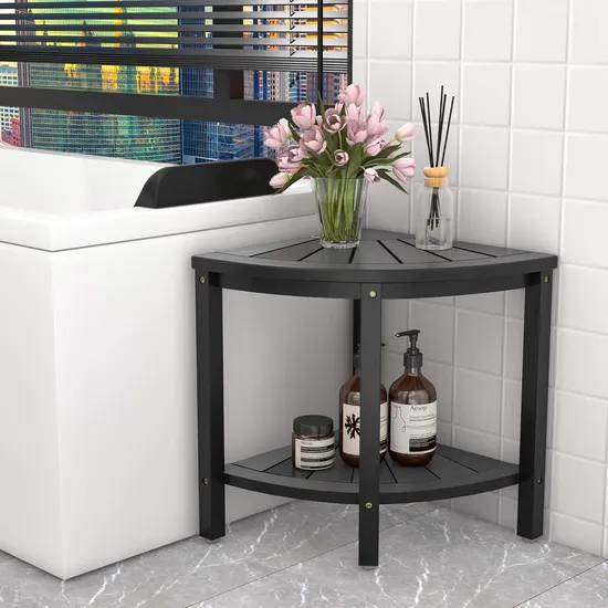 Luxury Black Color Bamboo Corner Shower Stool Bathroom Storage Stool