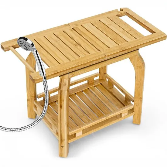 Two Layers Multifunctional Bamboo Bathroom Shower Stool Wooden Shoe-Changing Stool with Towel Hange