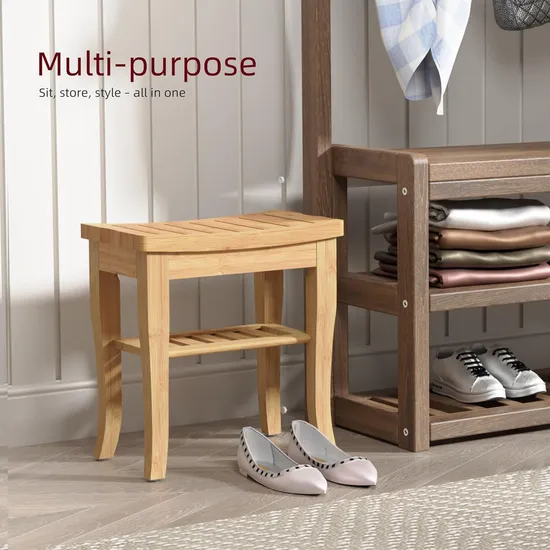 Bamboo Shower Stool Shower Bench with 2-Tier Storage Shelf for Bathroom
