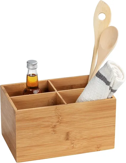 3-Compartment Bamboo Desk Organizer for Pens & Remotes