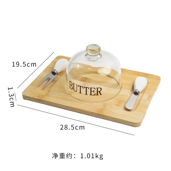 Wholesale Rectangle Cheese Board Butter Dish with Glass Lid and Cutter