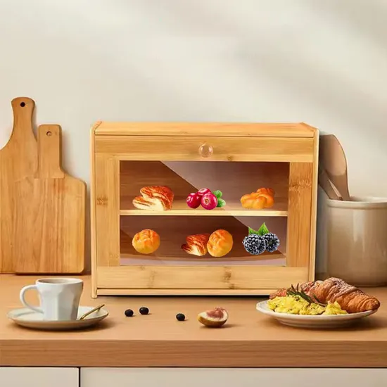 Double Layer Bamboo Bread Box Storage Container with Clear Windows for Kitchen Countertop