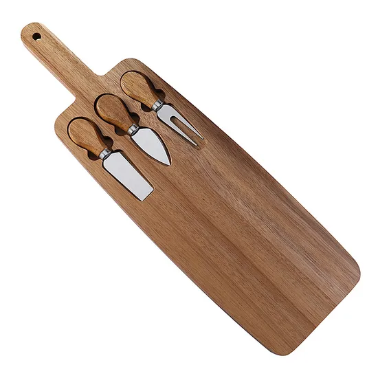 Long Acacia Wood Cheese Board with Cutlery Set for Outdoor Camping