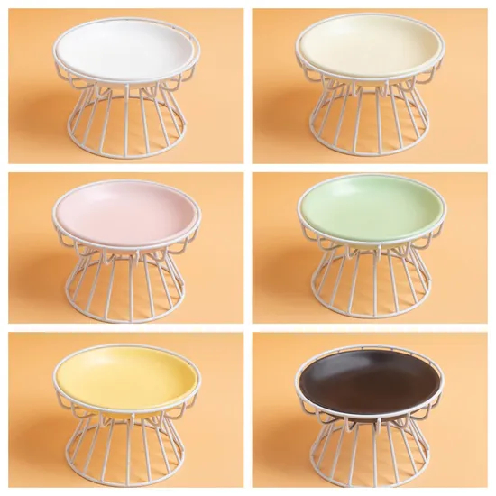 Multi-Color Ceramic Pet Food Plate Cat Bowls with Metal Stand