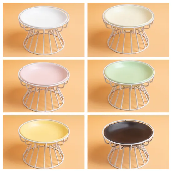 Multi-Color Ceramic Pet Food Plate Cat Bowls with Metal Stand