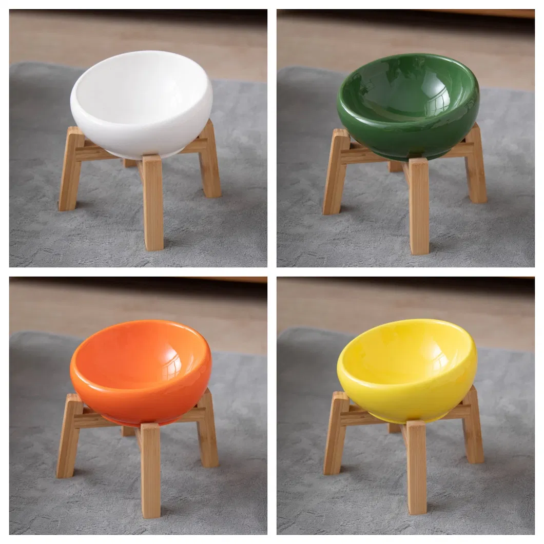 Creative Ceramic Pet Water Bowls Food Bowl with Sturdy Bamboo Base