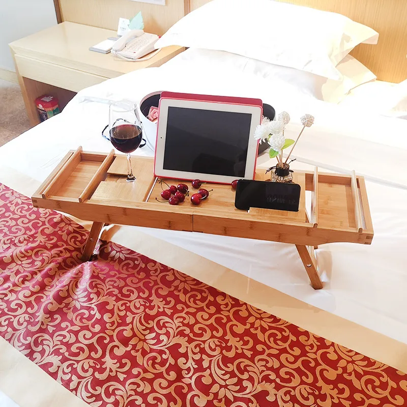 Extendable Bamboo Bathtub Caddy Tray Table with Folding Legs