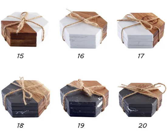 Custom Hexagonal Marble & Acacia Coasters Set, Bulk Orders Available for Cafe and Event Planners