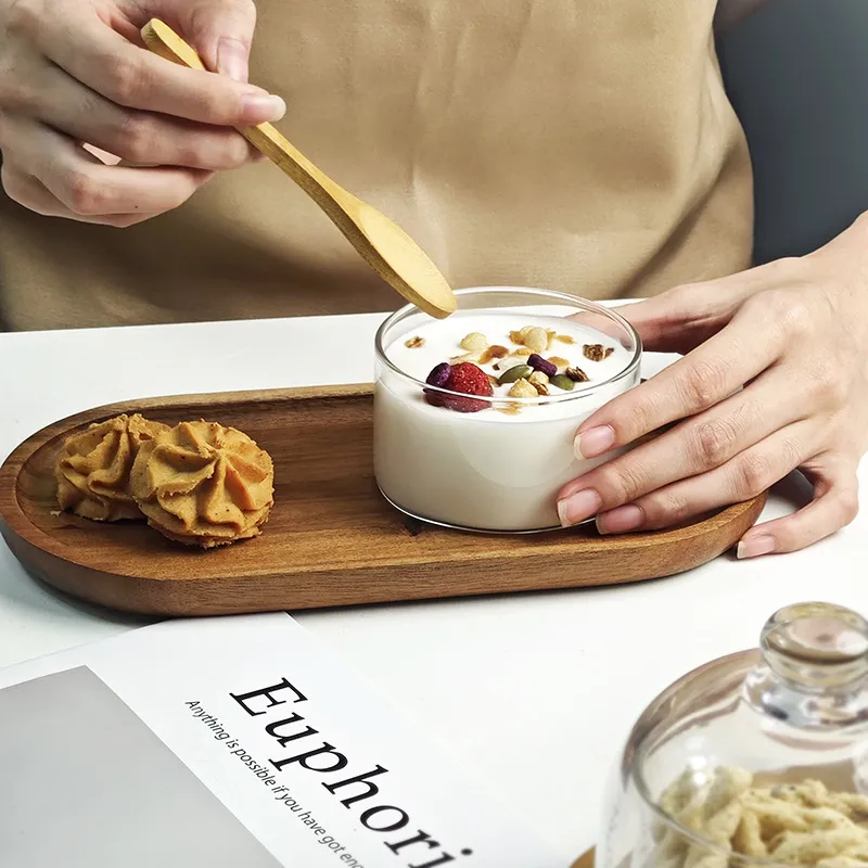 Acacia Wood Tray with Glass Bowl for Desserts Pudding Snacks
