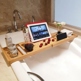 Extendable Bamboo Bathtub Caddy Tray with Reading Rack, Tablet Holder, Cellphone Tray and Wine Glass Holder