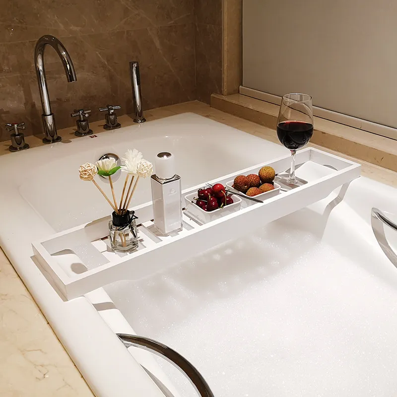 White Color Bamboo Bathtub Tray Table for Bathroom